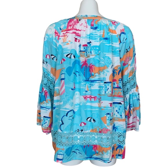 Crown & Ivy Belk Beach Print 3/4 Juliet Sleeves Crochet Inset Rayon Blouse XL - Picture 7 of 11